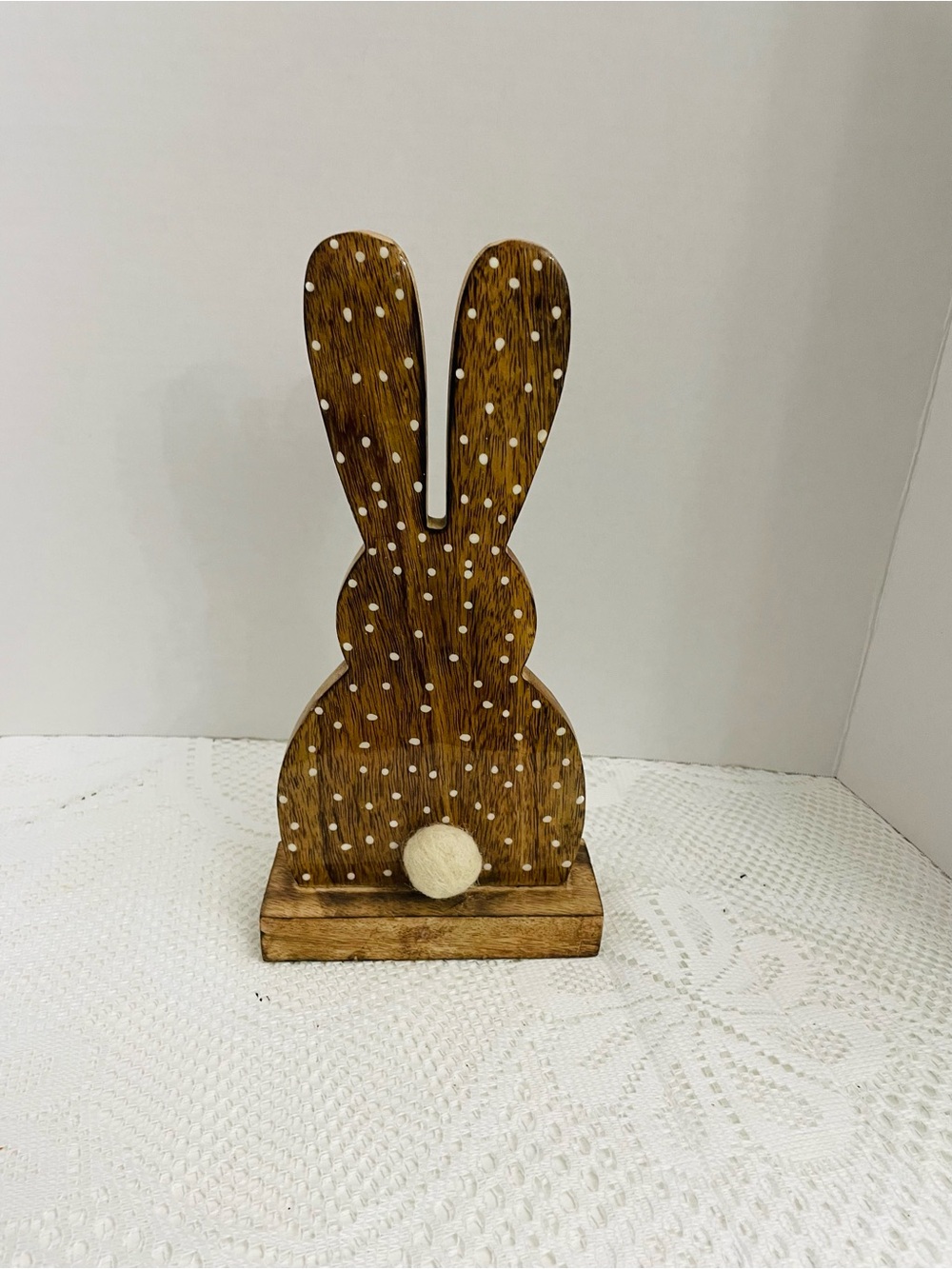 Wooden Bunny Figurine with Polka Dots and Pom Pom Tail